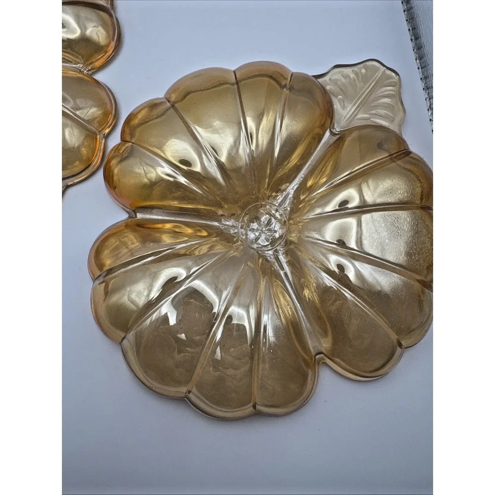 Vintage Jeanette Marigold Carnival Glass 3 Leaf Clover Shaped Candy‎ Dish Set 2